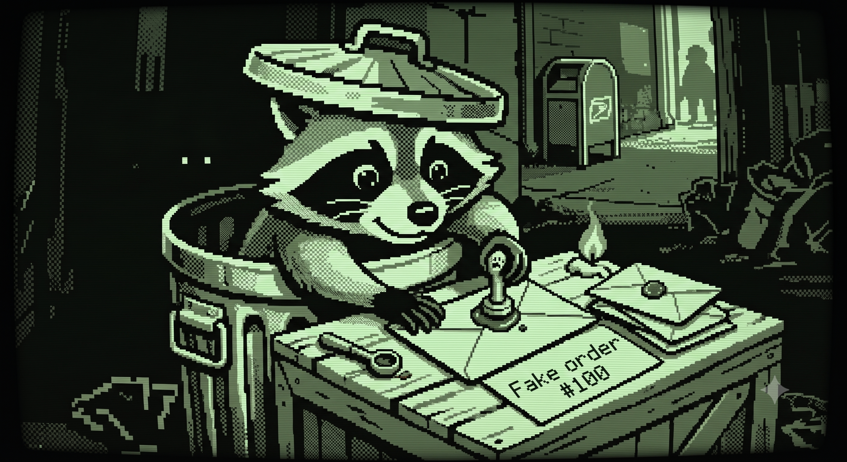 Bandit the raccoon in a trash can, pressing a wax seal onto a forged 'Fake order #100' letter, with a mailbox in the background